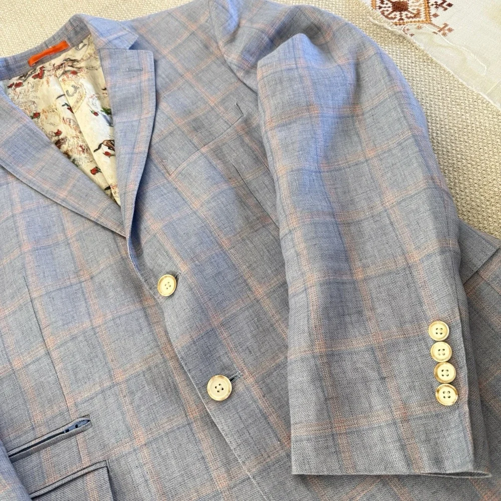 Tallia Mens 40S Blue Pink Windowpane Plaid 100% Linen Sport Coat Blazer Jacket